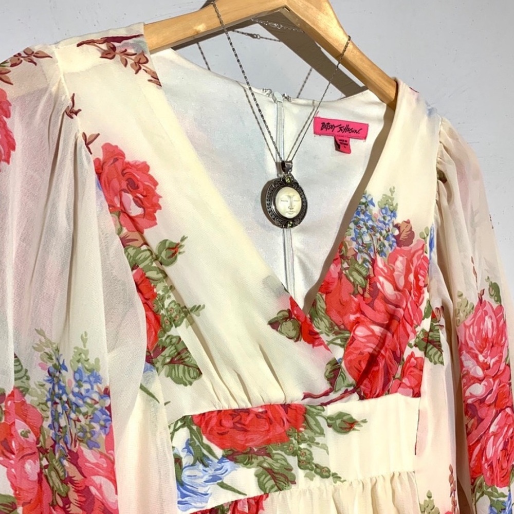 Betsey Johnson Floral Wrap Midi Dress in Cream and Red